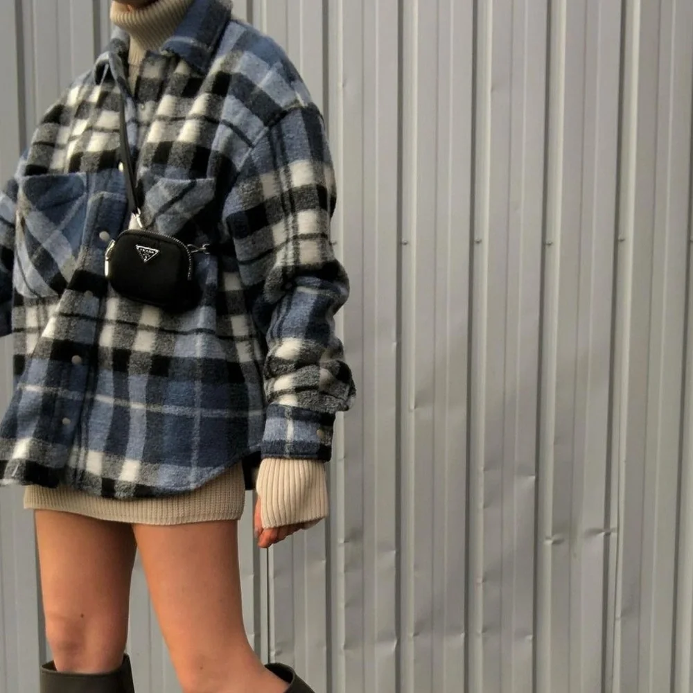 ZARA Blue Plaid Wool Blend Shacket Oversized Snap Button Jacket S - Picture 16 of 16